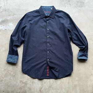 Robert Graham Shirt Men XL Navy Blue Paisley Fabric Flip Cuffs
